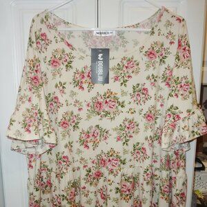NWT Doubllju Shabby Chic Cabbage Pink Roses Tunic Top XXXL 3X Soft and Roomy